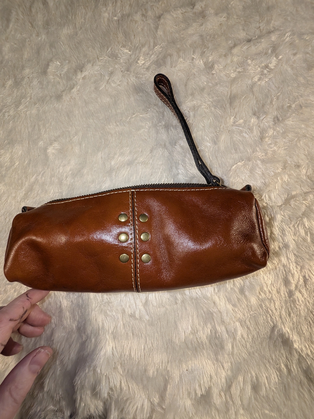 Patricia Nash Chestnut Brown Leather Wristlet Cosmetic Pouch